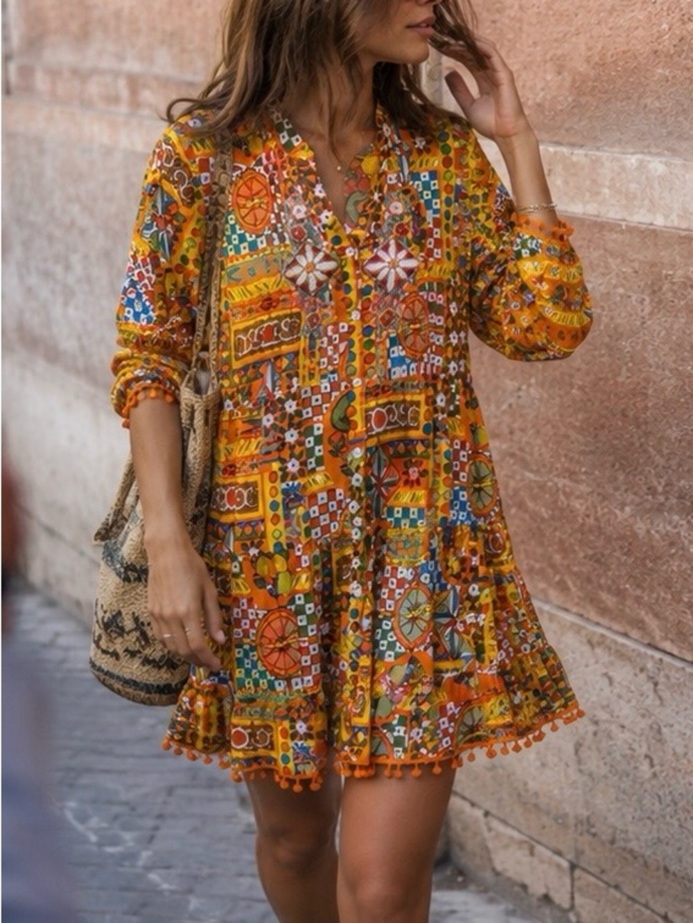 Colori Di Mare Majolica Print Embellished Mini Dress Boho Tassel Hem Tunic